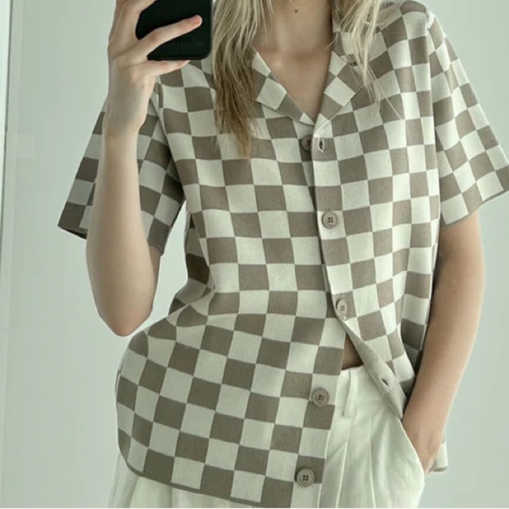 OAK + FORT Checkered Button Down Shirt - Brown and Cream NEW WITH TAGS